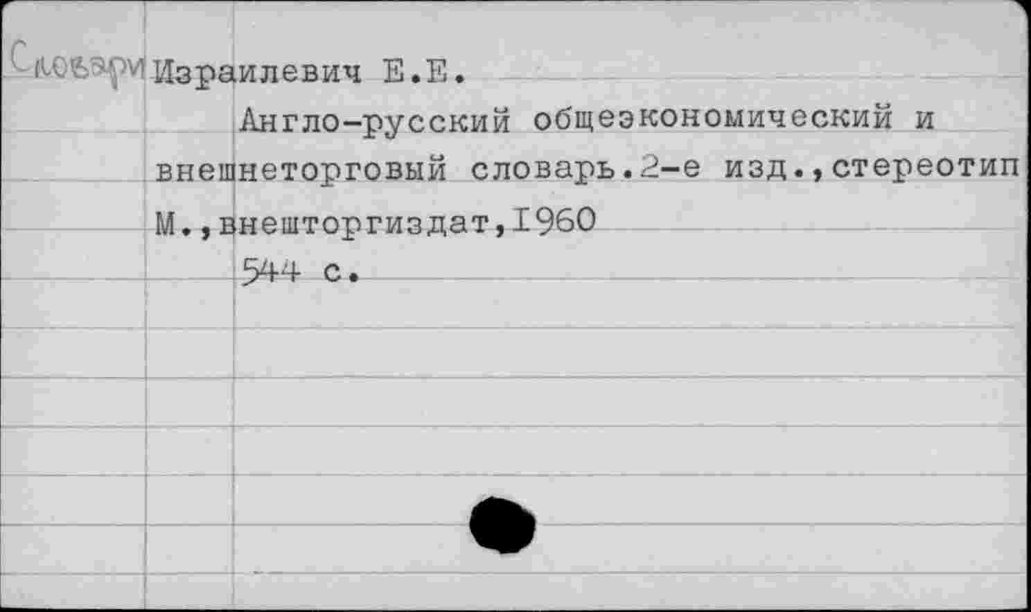 ﻿СцойэрмИзраилевич Е.Е. Англо—"русский общеэкономический и		
	внешнеторговый словарь.2-е издстереотип М . - ПИРШТППГИП ття т . Т РАО	
	> *1	544 с •
		
		
		
		
		
		
		